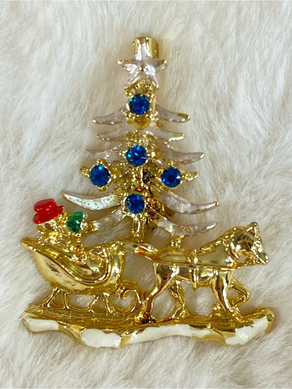 Vintage Christmas Brooch Holiday Pin Sleigh Ride Snowman Tree Gold Tone